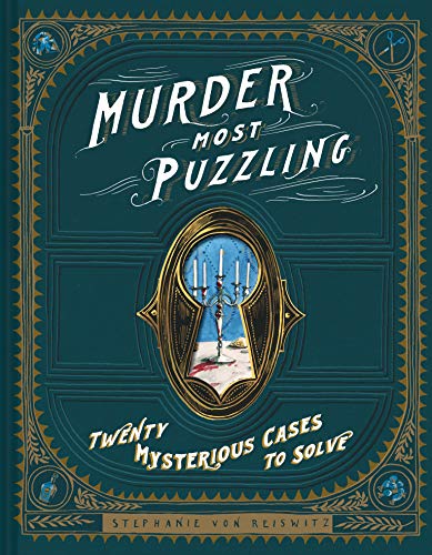 Book cover with ornate frame, keyhole image, and title "Murder Most Puzzling.