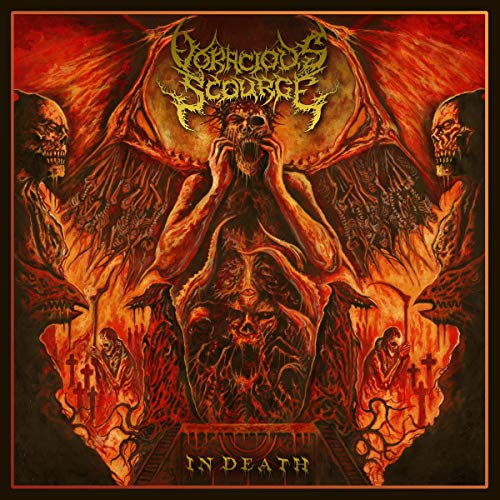 Dark, detailed album cover featuring a demonic figure in a fiery hellscape.