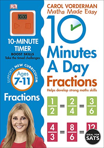 Blue and white workbook cover with fractions and Carol Vorderman’s image.