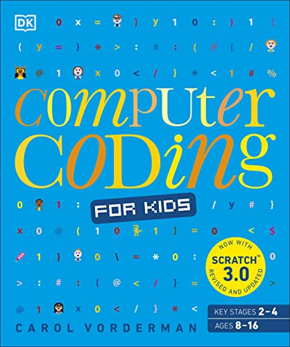 Book cover titled Computer Coding for Kids with blue background and coding symbols.