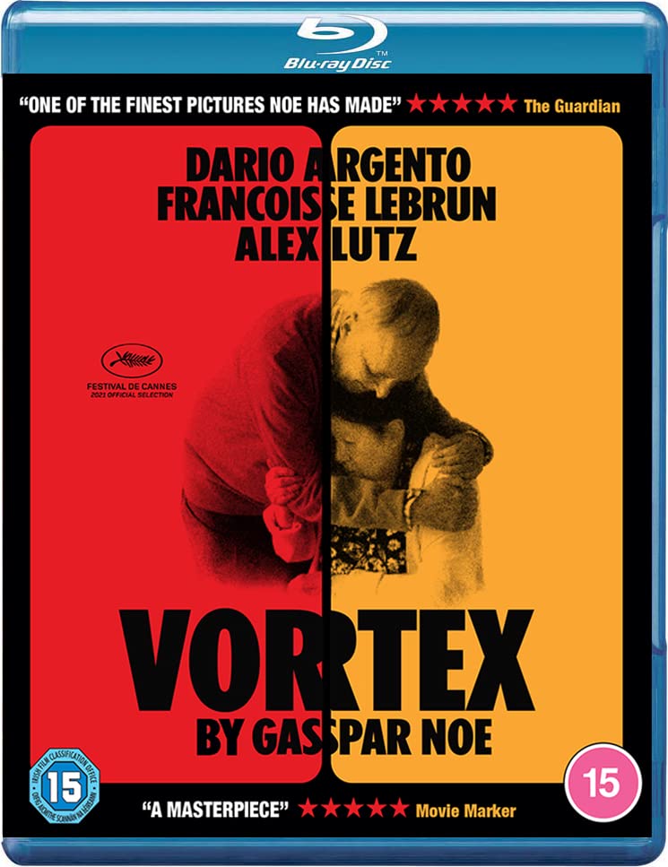 Blu-ray cover for Vortex featuring two people embracing against a split red and yellow background.