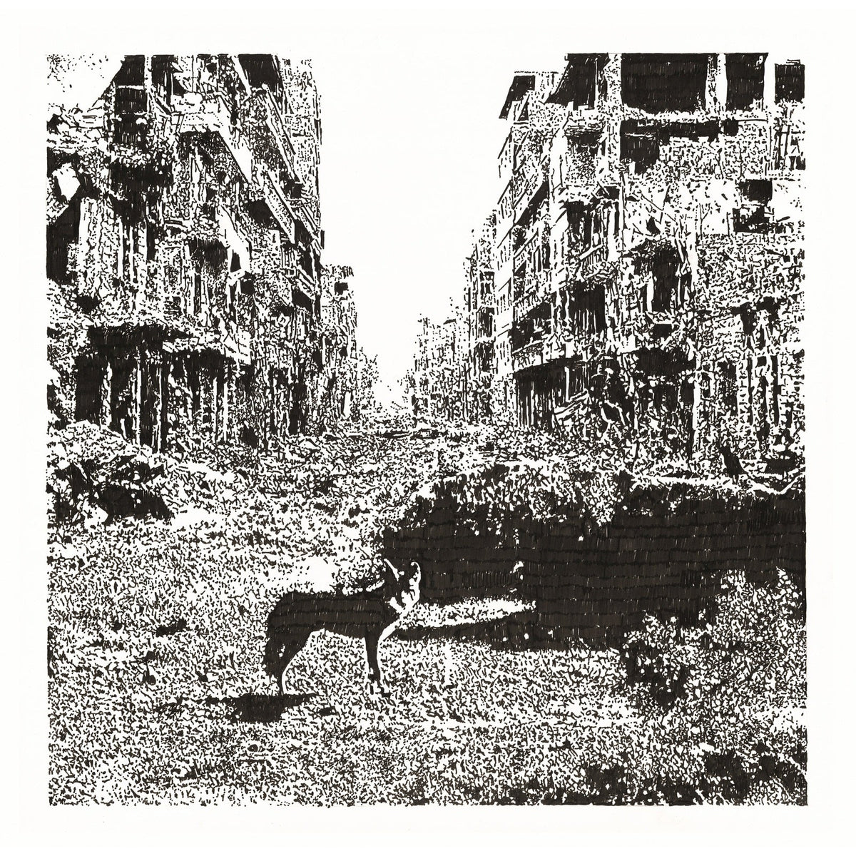 Black and white illustration of a dog in a ruined city street.