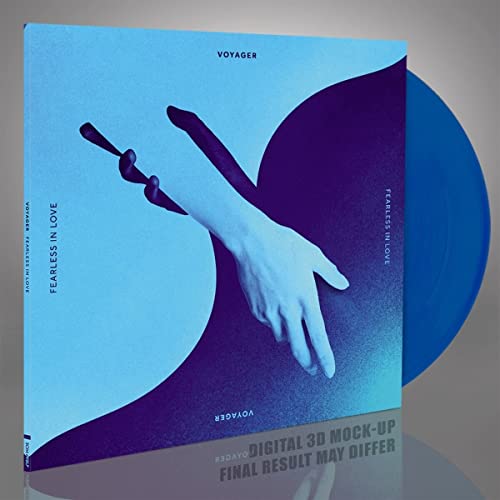 Blue vinyl record with cover art of hands and abstract shapes.