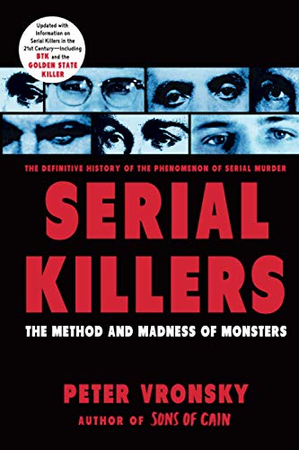 Book cover featuring a collage of eyes over large red text reading Serial Killers.