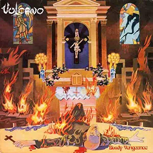 Album cover: church interior with flames, a crucifix, and a fallen figure.