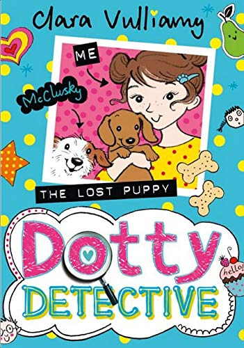 Book cover with girl holding a puppy and colorful cartoon elements.