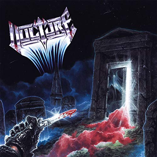 Dark album cover with "Vulture" text, a tomb, and a bloody knife.