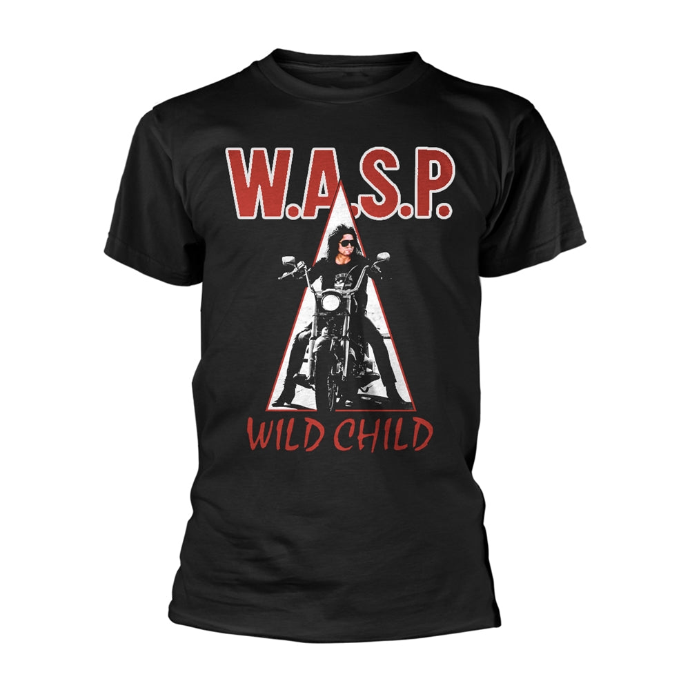 Black t-shirt featuring a W.A.S.P. logo, a biker graphic in a triangle, and text.