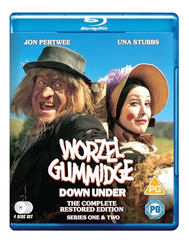 Blu-ray cover for “Worzel Gummidge Down Under” featuring Jon Pertwee and Una Stubbs.