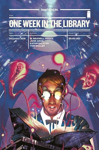Comic book cover: man with glasses holding an open, glowing book.