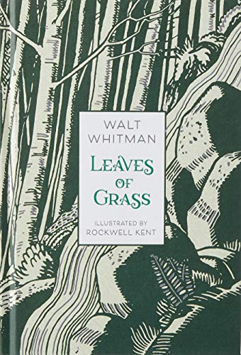 Book cover for Walt Whitman’s “Leaves of Grass” with green and white trees.