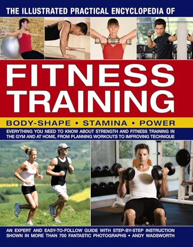 Fitness training encyclopedia cover with people exercising and weightlifting imagery.