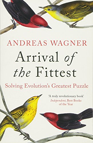 Book cover with colorful bird illustrations and title "Arrival of the Fittest".