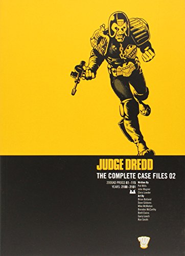 A black and white illustration of Judge Dredd running on a yellow background.