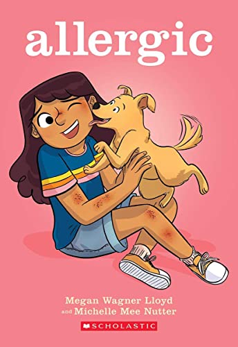 Girl with skin rash hugs a golden dog, graphic novel cover.