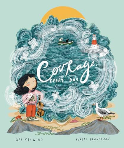 Girl with violin stands before swirling blue waves, a lighthouse, and sun.