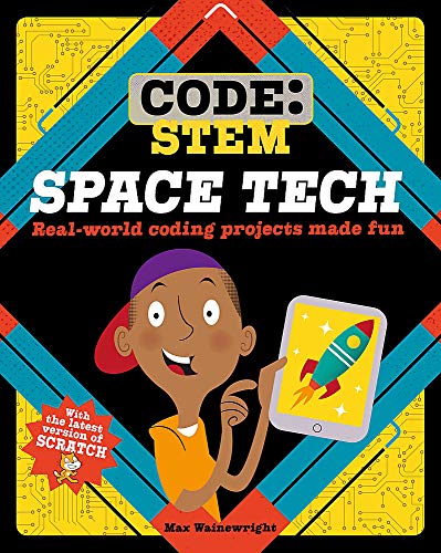 Book cover: "Space Tech" with a boy holding a tablet showing a rocket.