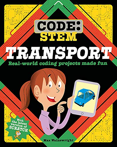 Book cover: “Transport (Code: STEM)” with girl and digital car.