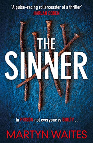 Book cover: "The Sinner" with rusty nails against a dark blue background.