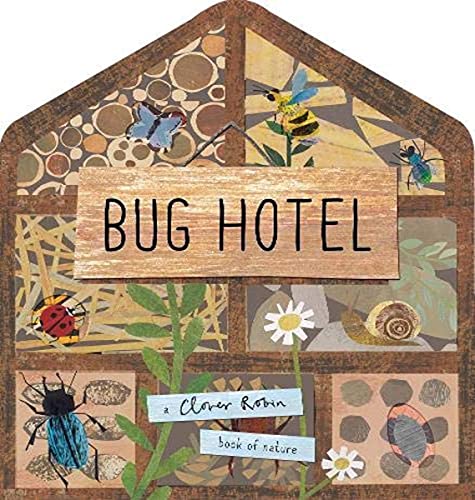 Bug hotel illustration with insects, flowers, and a wooden sign.