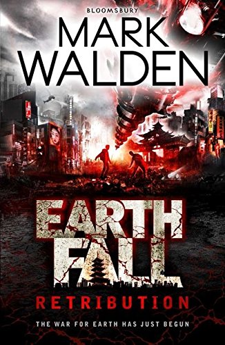 Book cover: dystopian city scene with figures, red text "Earthfall: Retribution".