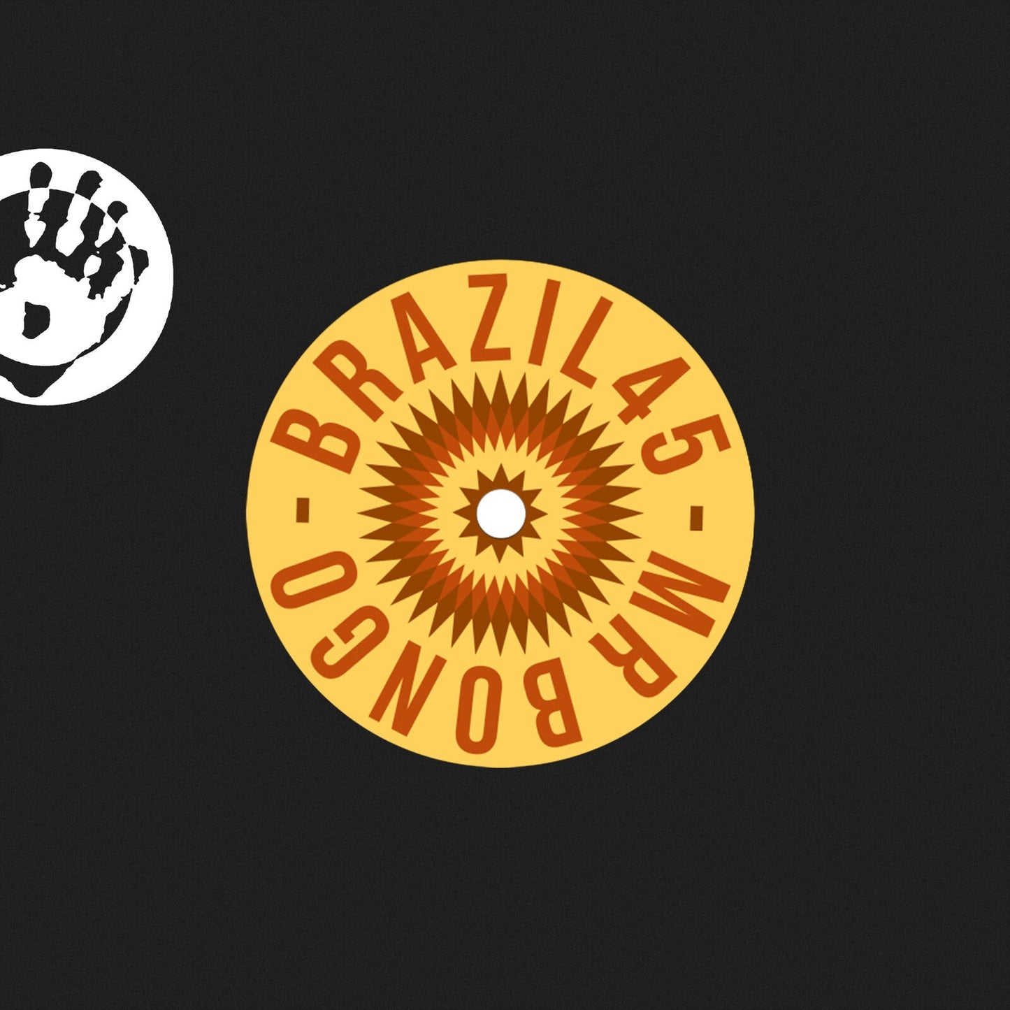 Vinyl record label with sunburst design and handprint graphic.