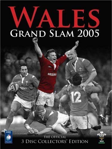 DVD cover for “Wales Grand Slam 2005” featuring celebrating rugby players.