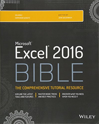 Cover of "Excel 2016 Bible" book, dark background with white text.