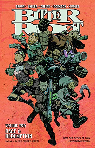 Comic book cover: diverse group with weapons, red background, "Bitter Root" title.