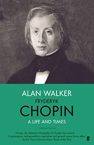 Book cover featuring a portrait of Fryderyk Chopin above green text on a green background.