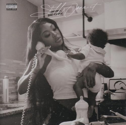 Black and white album cover featuring a woman holding a baby and a phone.
