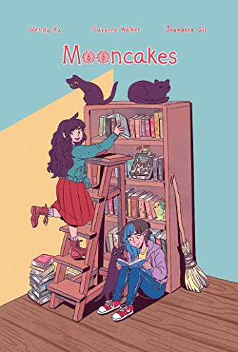 Illustration of two young people with black cats and a bookshelf.