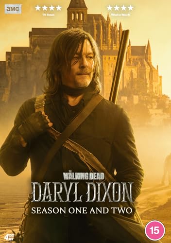Daryl Dixon from "The Walking Dead" stands before a European castle.