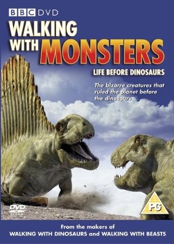 DVD cover for Walking With Monsters featuring two prehistoric creatures facing each other.