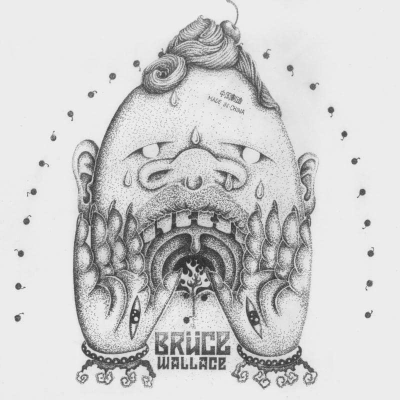Stippled black and white illustration of a screaming face with hands and a cherry.