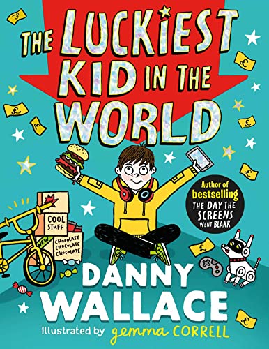Book cover: boy with gifts, robot dog, and colorful illustrated details.
