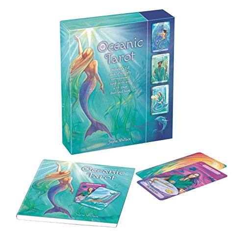 Boxed tarot deck with mermaid illustration and sample cards displayed.