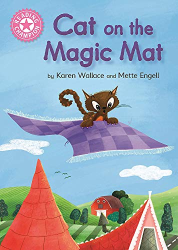 Brown cat flying on a purple mat over a village.