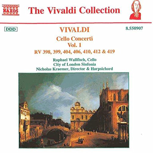 CD cover for Vivaldi’s Cello Concertos, Vol. 1 with a cityscape.