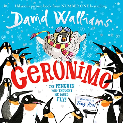 Penguin wearing goggles, arms outstretched, surrounded by other penguins.