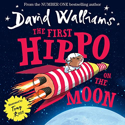Hippo in a spacesuit riding a red and white rocket to the moon.