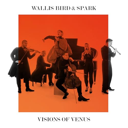 Black and white musicians playing instruments against a vibrant orange background.