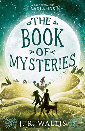 Book cover: “The Book of Mysteries” with children, a dog, and a moon.