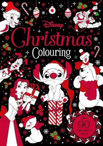 Disney Christmas colouring book cover with Stitch, Belle, and other characters.