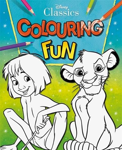 Disney Classics colouring book cover featuring Mowgli and Simba in line art.