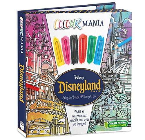 Disneyland coloring book with six watercolor pencils and park illustrations.