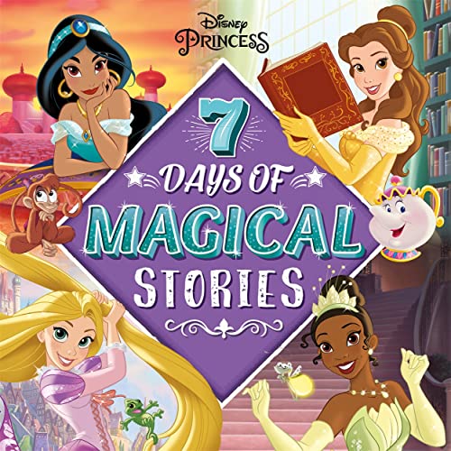 Disney Princess storybook cover featuring Jasmine, Belle, Rapunzel, and Tiana.