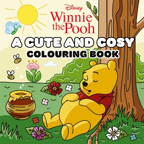 Winnie the Pooh relaxing by a tree with honey, sun, and flowers.