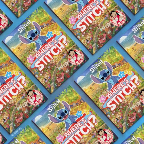 Multiple copies of the Where's Stitch? search-and-find activity book arranged on a blue background.