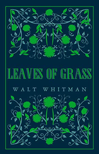 Book cover of Leaves of Grass by Walt Whitman with green floral patterns on navy.